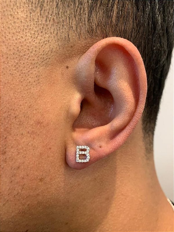 Brinco Masculino Par Letra B (7,2X6,1mm) Banhado A Ouro Branco