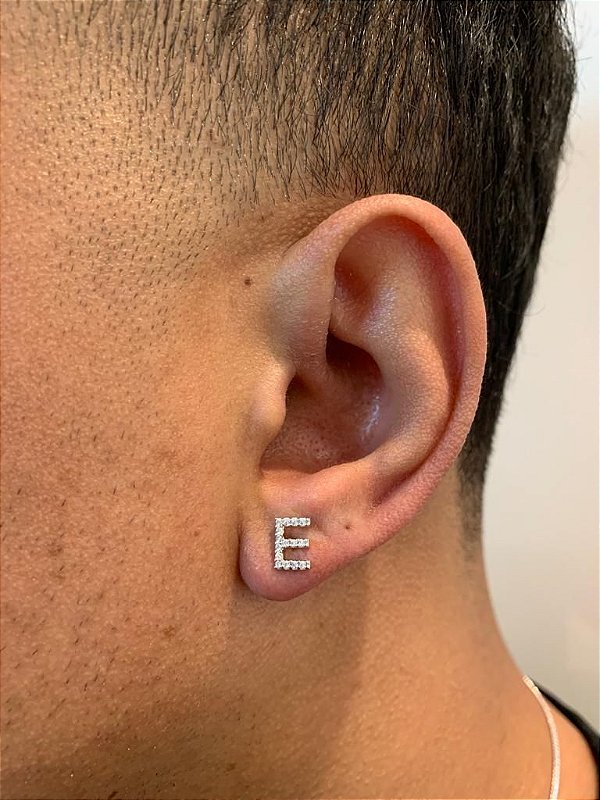 Brinco Masculino Par Letra E (7,5X5mm) Banhado A Ouro Branco BRI121