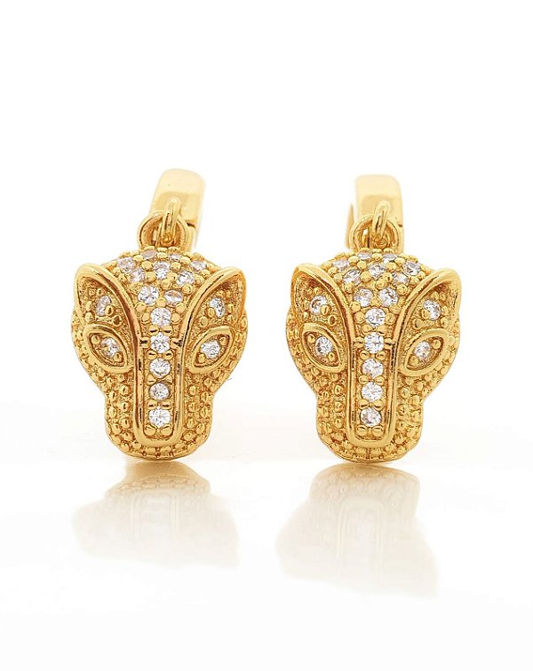 Brinco Masculino Par Argola Lisa Com Rosto Tigre Banhada A Ouro 18k BRI138
