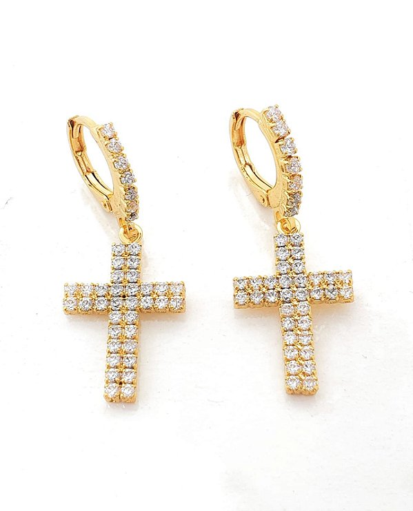 Brinco Masculino Par Argola Cravejada Com Cruz G Pendurada Banhada A Ouro 18k BRI148