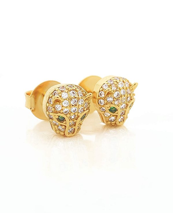 Brinco Masculino Par Tigre Olho Verde Banhado A Ouro 18k BRI033