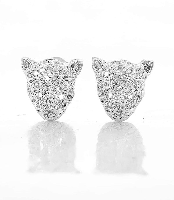 Brinco Masculino Par Rosto Leão Banhado A Ouro Branco BRI095