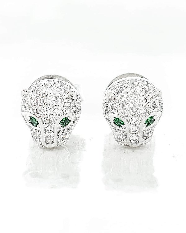 Brinco Masculino Par Tigre Olho Verde Banhado A Ouro Branco BRI007