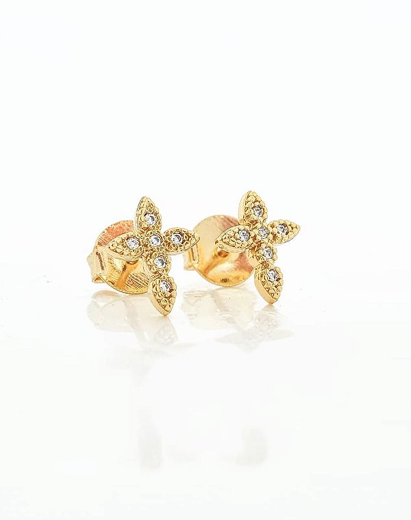 Brinco Masculino Par Cruz Cravejada Com 6 Pedras (9,6X7,7mm) Banhado A Ouro 18k BRI103