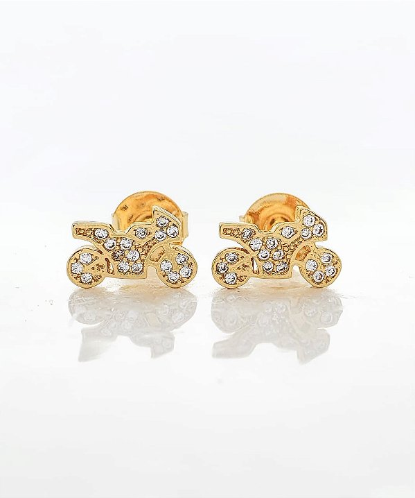 Brinco Masculino Par Moto R1000 Cravejada (10,9X6,5mm) Banhado A Ouro 18k BRI116