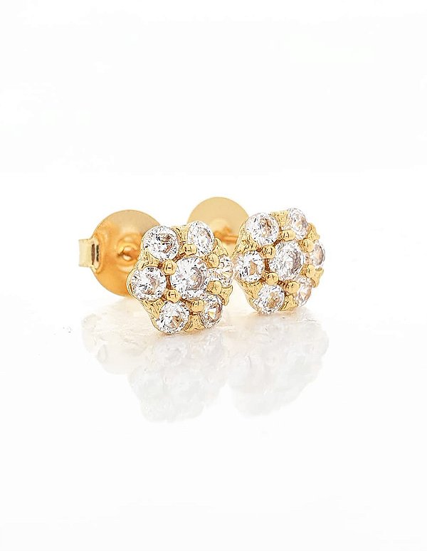 Brinco Masculino Par Imperial Redondo com 7 Pedras (8,2mm) Banhado A Ouro 18k