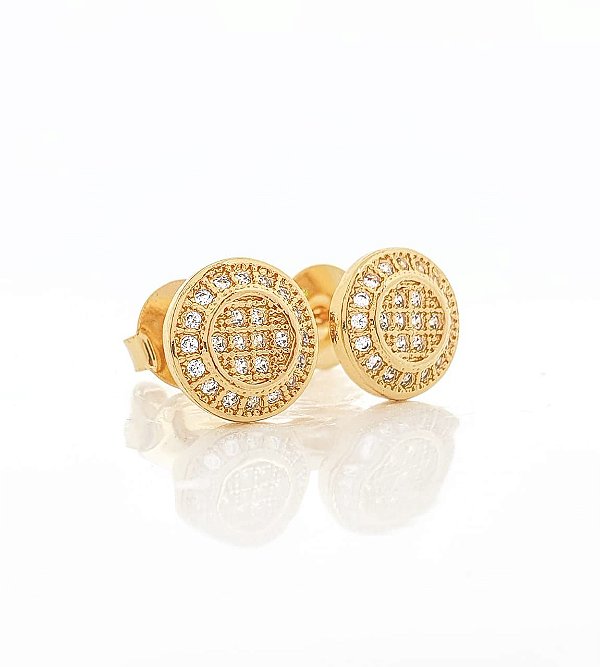 Brinco Masculino Par Redondo Cravejado Com 24 Pedras (9mm) Banhado A Ouro 18k BRI117