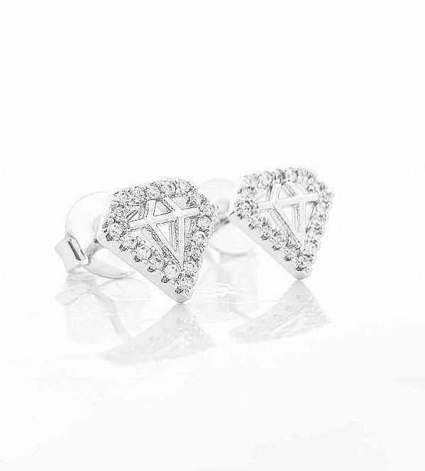 Brinco Masculino Par Diamante Cravejado G (12,3X9,7mm) Banhado A Ouro Branco BRI047