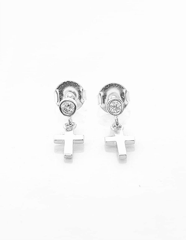 Brinco Masculino Par Ponto De Luz Com Cruz Pendurada (15X6mm) Banhado A Ouro Branco BRI081