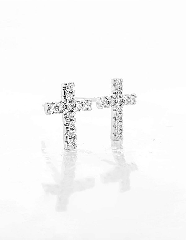 Brinco Masculino Par Cruz Cravejada 11 Pedras (10,2X7,6mm) Banhado A Ouro Branco BRI067