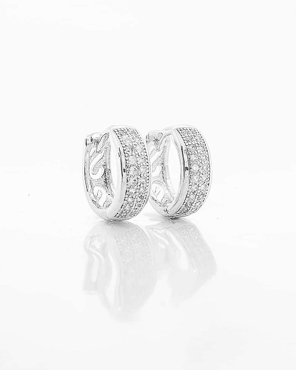 Brinco Masculino Par Argola Cravejada 2 Fileiras (14X4mm) Banhada A Ouro Branco BRI044