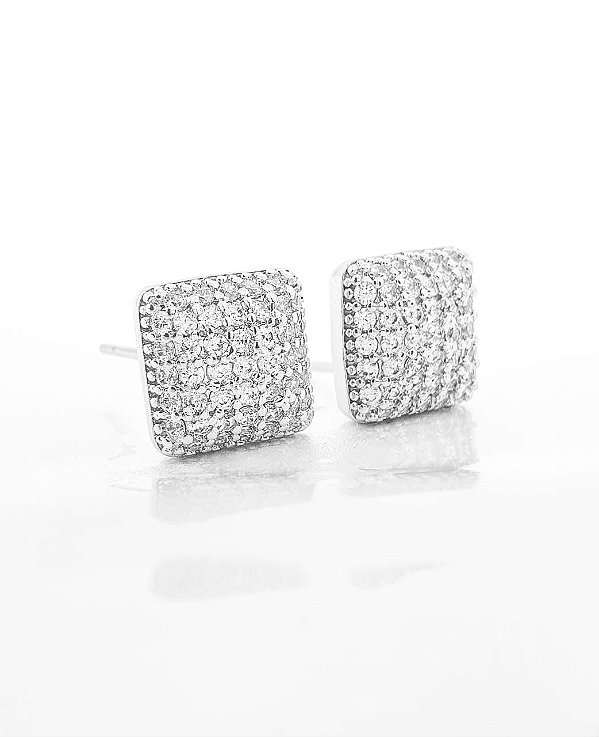 Brinco Masculino Par Quadrado Cravejado Com 45 Pedras (10mm) Banhado A Ouro Branco BRI058