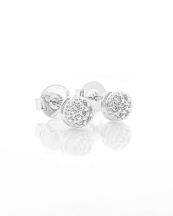 Brinco Masculino Par Redondo Cravejado Com 7 Pedras (6mm) Banhado A Ouro Branco BRI029