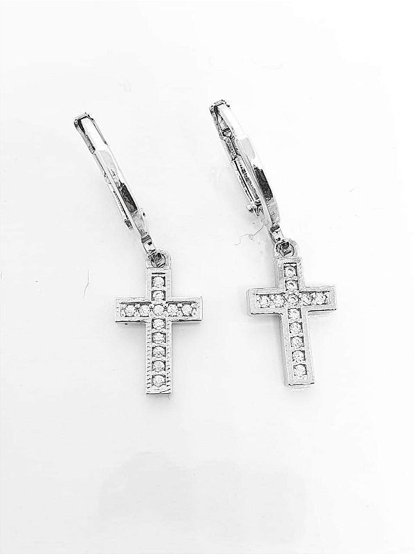 Brinco Masculino Par Argola Lisa Com Cruz Pendurada Cravejada Banhado A Ouro Branco BRI046