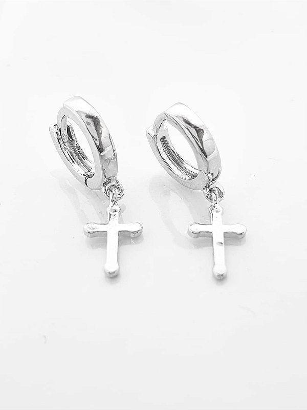 Brinco Masculino Par Argola Com Cruz Pendurada Lisa Banhado A Ouro Branco BRI120