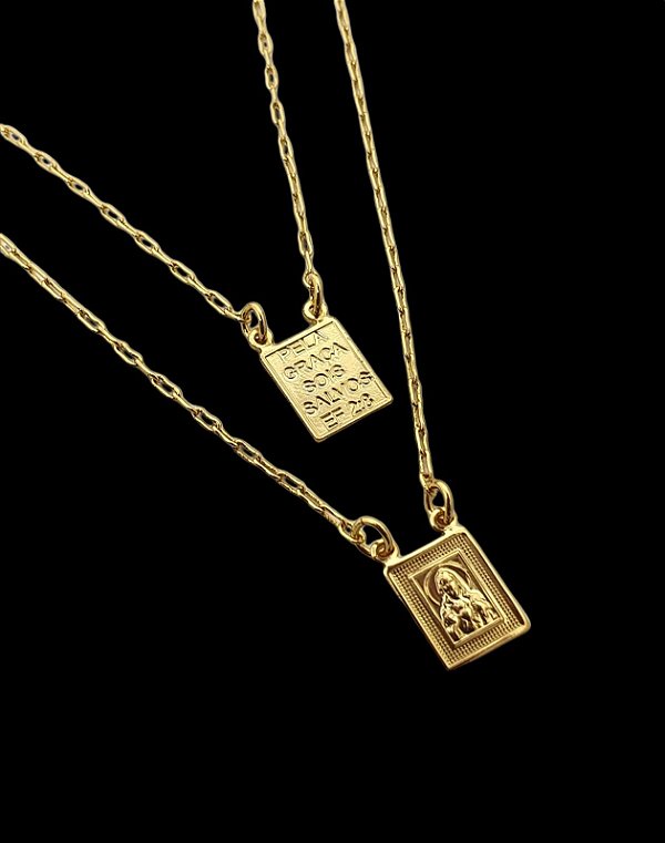 Escapúlario Corrente Elo Alongado 70cm Medalha 8X10mm Banhado a Ouro 18k ESC002