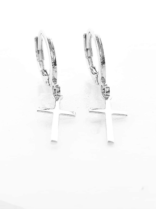 Brinco Masculino Par Argola Com Cruz Lisa Banhada A Ouro Branco BRI135