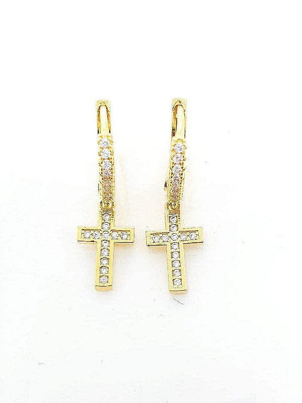 Brinco Masculino Par Argola Cravejada Com Cruz Pendurada Banhada A Ouro 18k BRI069
