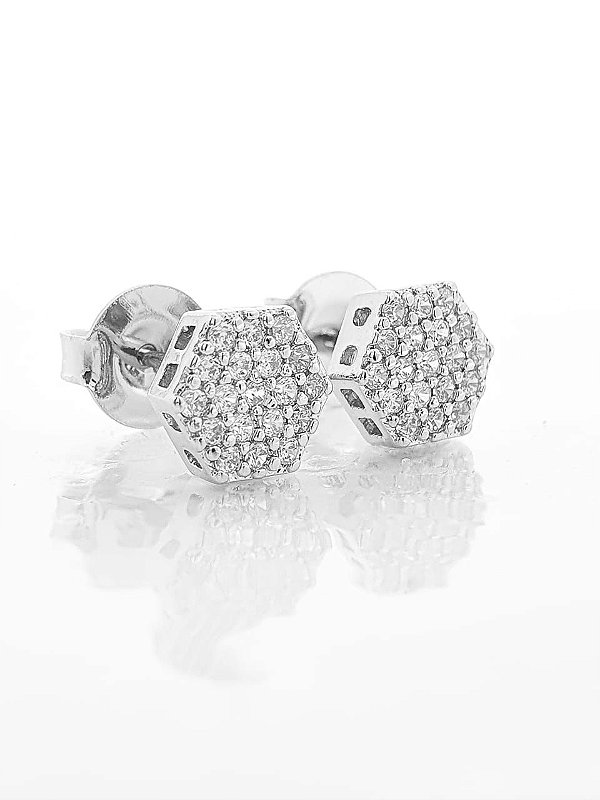 Brinco Masculino Par Hexagonal Cravejado (7mm) Banhado A Ouro Branco BRI059