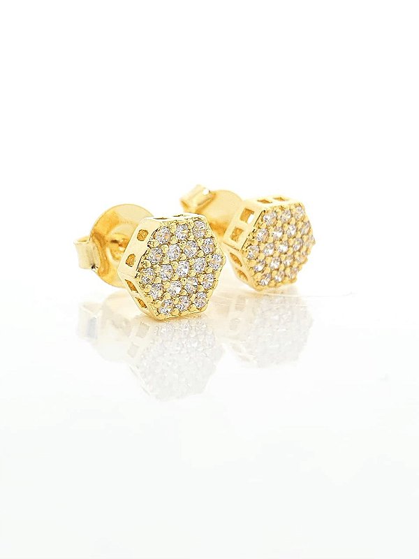 Brinco Masculino Par Hexagonal Cravejado (7mm) Banhado A Ouro 18k BRI149