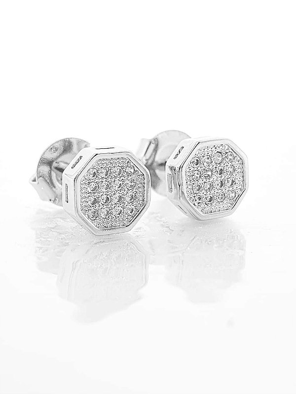 Brinco Masculino Par Octagonal Cravejado Com 16 Pedras (7,4X7,4mm) Banhado A Ouro Branco BRI105