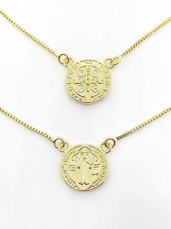 Escapúlario Corrente Veneziana São Bento Redondo 70cm Medalha 12mm Banhado a Ouro 18k ESC008