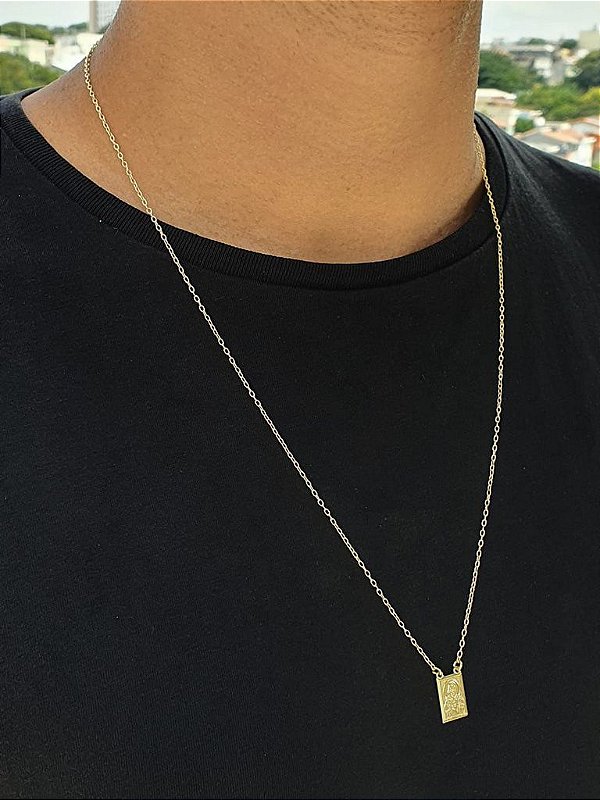 Escapulário Corrente Elo Cadeado Jesus-Nossa Senhora 70cm 10mmX14mm Banhado A Ouro 18k ESC009