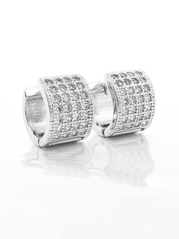 Brinco Masculino Par Argola Quadrada Cravejada Com 28 Pedras (12,3X8,7mm) Banhada A Ouro Branco BRI066