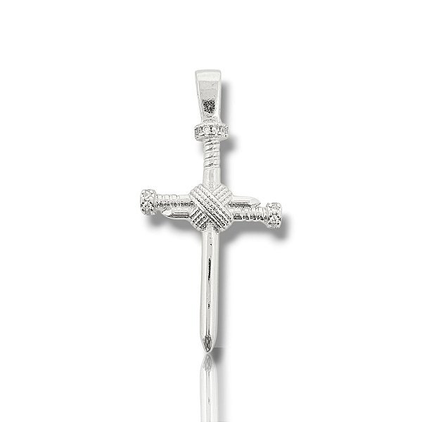 Pingente Cruz Prego Trançada (17x34mm) Banhado A Ouro Branco PIN084