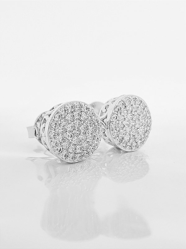 Brinco Masculino Par Redondo Cravejado Torre 2 (10mm) Banhado A Ouro Branco BRI156