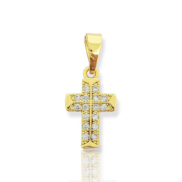 Pingente Cruz Cravejada 2 Fileiras (13,5x10mm) Banhado A Ouro 18k PIN108
