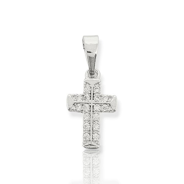 Pingente Cruz Cravejada 2 Fileiras (13,5x10mm) Banhado A Ouro Branco PIN098