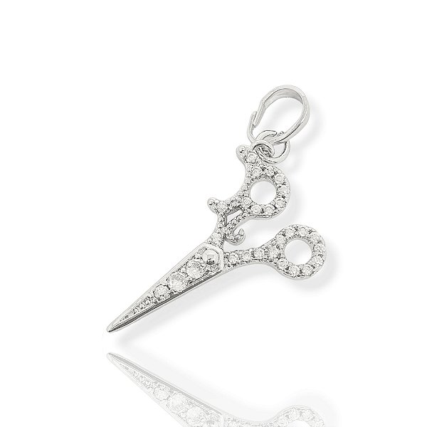 Pingente Tesoura Cravejado (14x24mm) Banhado A Ouro Branco PIN093