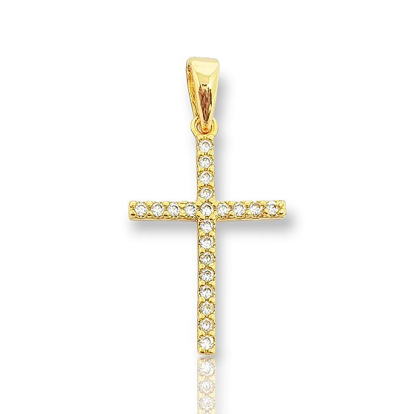 Pingente Cruz Palito Chapada Cravejada (22X14,2mm) Banhado A Ouro 18k PIN027