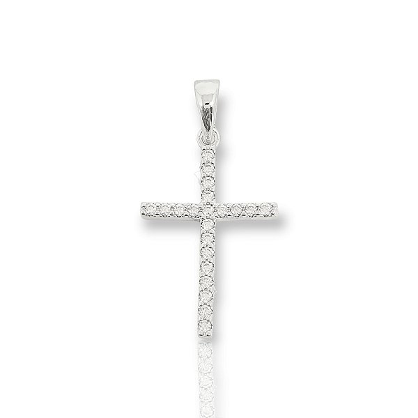 Pingente Cruz Palito Chapada Cravejada (22X14,2mm) Banhado A Ouro Branco PIN009