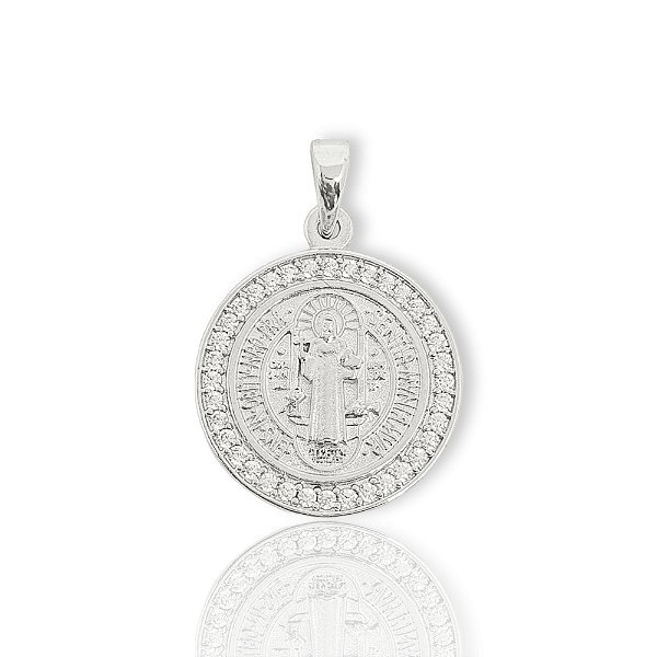 Pingente São Bento Cravejado (18,5mm) Banhado A Ouro Branco PIN021
