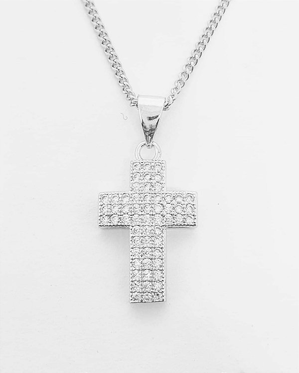Pingente Cruz Cravejada (20X12,4mm) Banhado A Ouro Branco PIN037