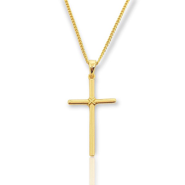 Pingente Cruz Palito com Detalhe Trançada (18,5x30mm) Banhada A Ouro 18k PIN011