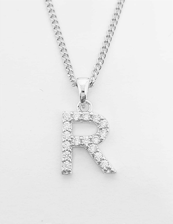 Pingente Cravejado Letra R (10X9CM) Banhado A Ouro Branco PIN040