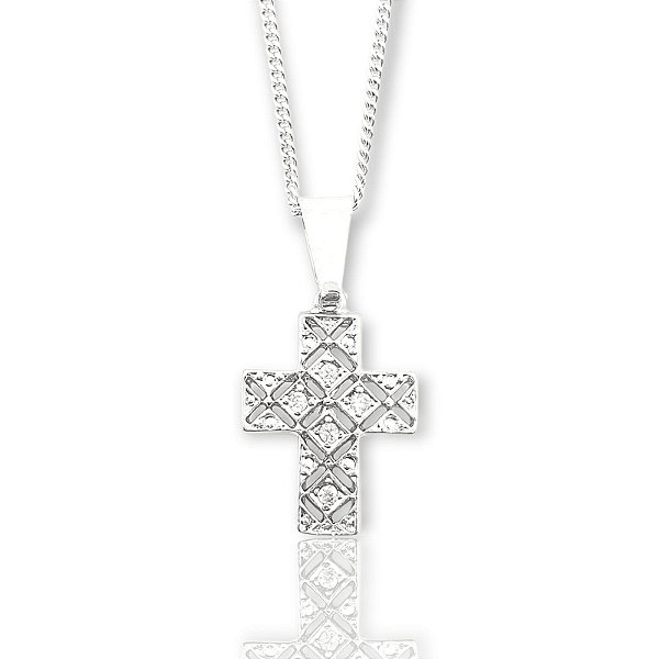 Pingente Cruz Cravejada e Vazada (15X21mm) Banhado A Ouro Branco PIN016