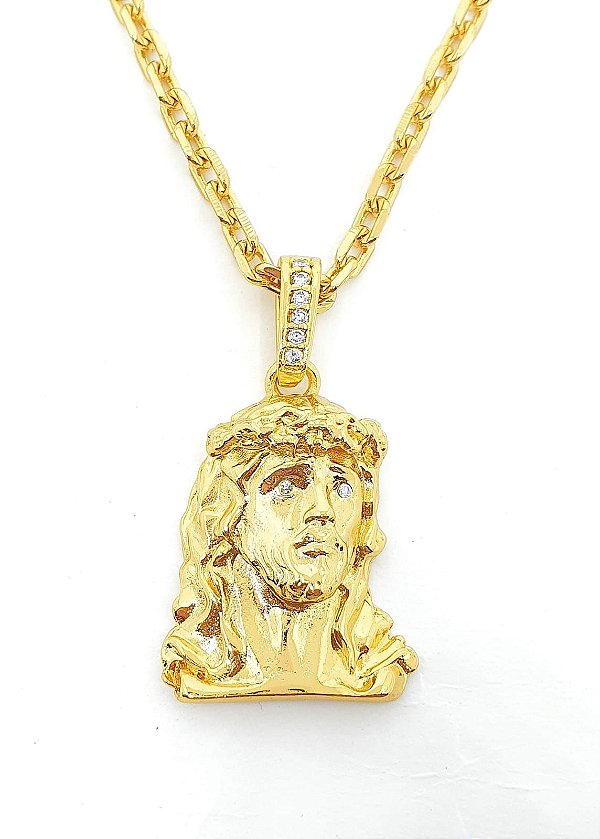 Pingente Rosto de Cristo Cravejado (20x30mm) Banhado A Ouro 18k PIN074