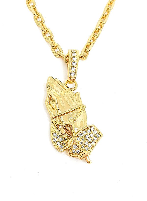 Pingente Mão Cravejada Com Terço (17X31,5MM) Banhado A Ouro 18k PIN034