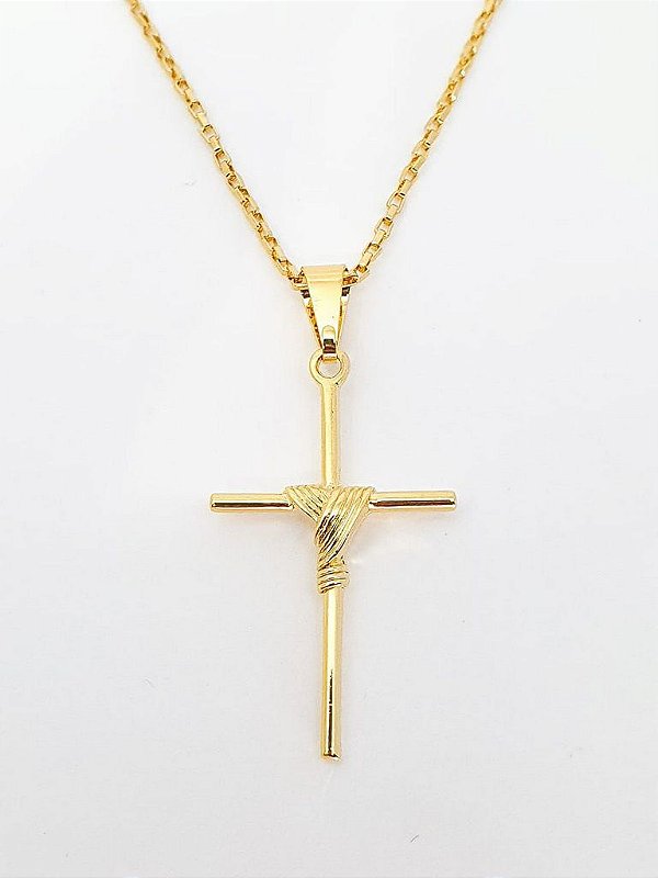 Pingente Cruz Palito Trançada (20x32mm) Banhada A Ouro 18k PIN073