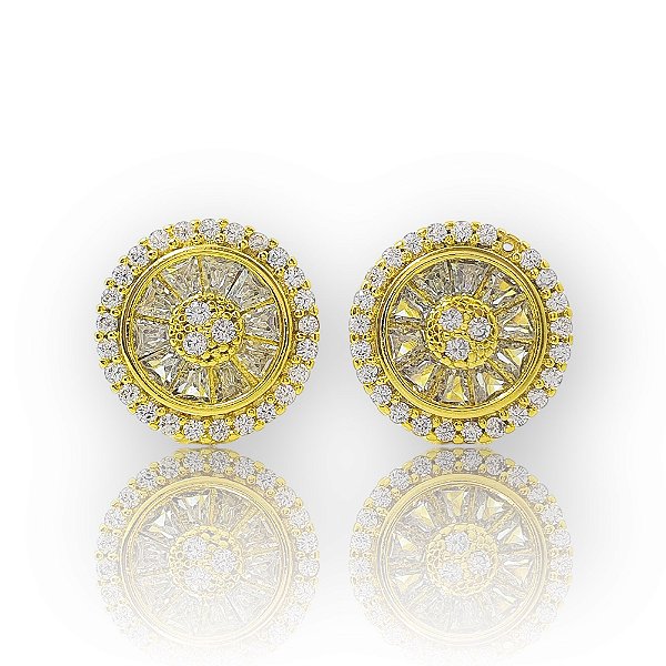 Brinco Masculino Par Redondo Cravejado Pedra Retangular (11mm) Banhado A Ouro 18k BRI167