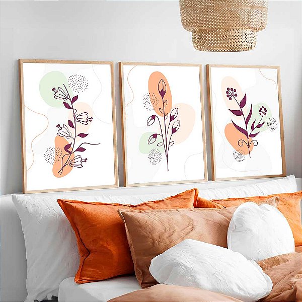 Combo De 3 Quadros Com Moldura Floral Traços Orgânicos