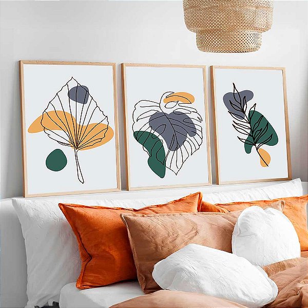 Conjunto de 3 Quadros Floral Multicolorido Com Moldura