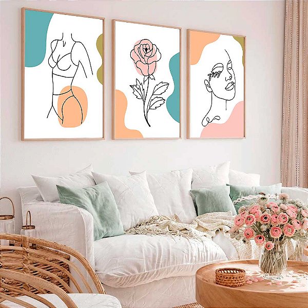 Conjunto De Quadros Decorativos Com Moldura Mulher Silhueta Rosa
