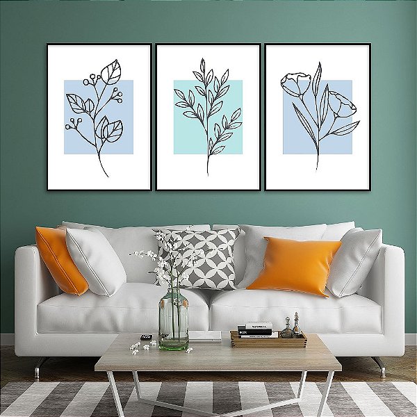 Kit De Quadros Decorativos Com Moldura Floral Azul