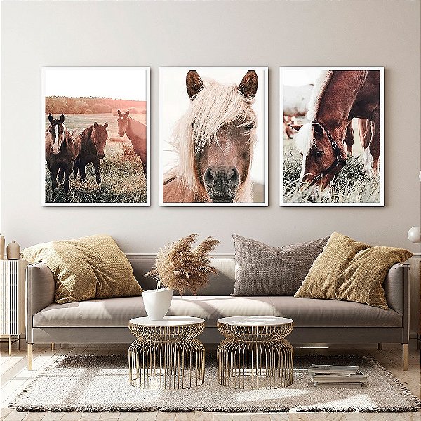 Kit 3 Quadros Decorativos Com Moldura Animais Cavalos