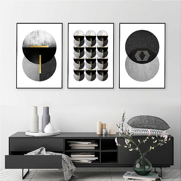 Kit 3 Quadros Decorativos Com Moldura Grey Gold Black Art